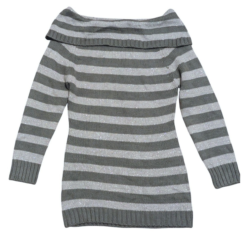 Bongo Juniors Striped Lurex Tunic Sweater Off Shoulder Gray Large L NWT